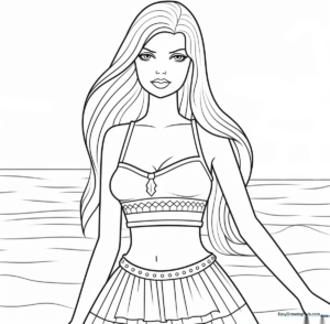 Black and white line art of Summer Barbie wearing a stylish outfit, ready for coloring with crayons or markers.