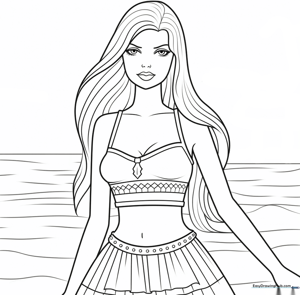 Black and white line art of Summer Barbie wearing a stylish outfit, ready for coloring with crayons or markers.