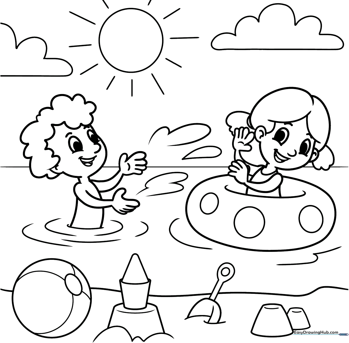 Black and white line art of a sunny summer landscape featuring trees, clouds, and a bright sun, ready for children to color.