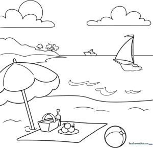 Black and white line art of a summer landscape featuring trees, rolling hills, and a bright sun, ready for children to color.