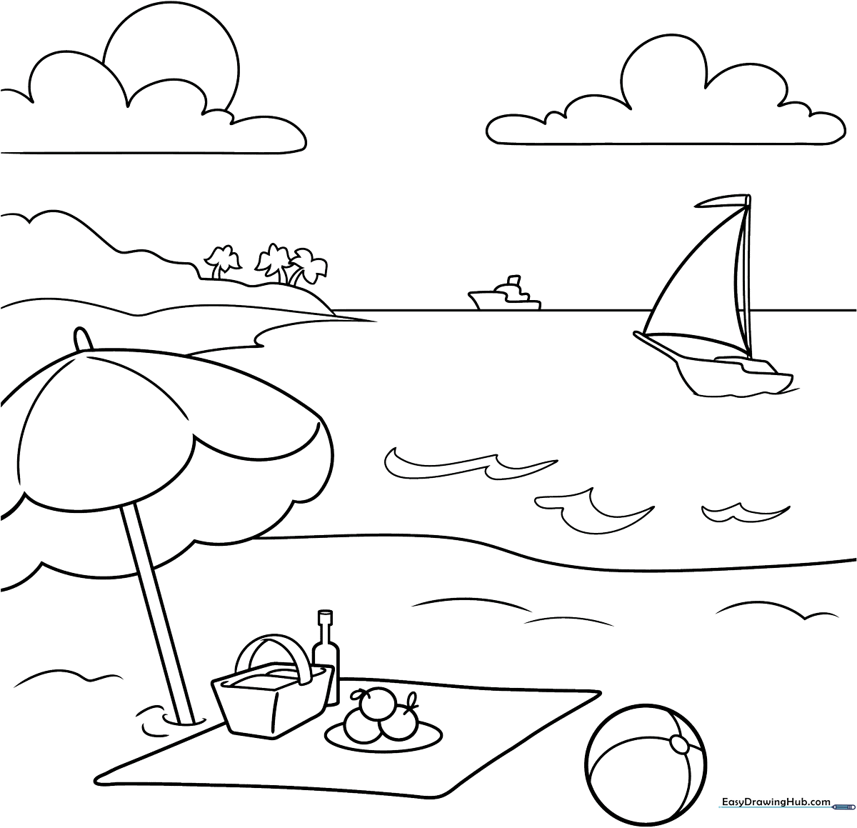 Black and white line art of a summer landscape featuring trees, rolling hills, and a bright sun, ready for children to color.