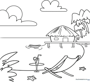 Detailed line art of a summer vacation scene featuring iconic holiday elements, perfect for children to color with crayons or markers.
