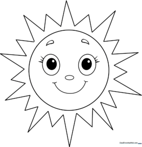 A friendly, smiling sun character with bold outlines, perfect for preschool and elementary coloring practice.