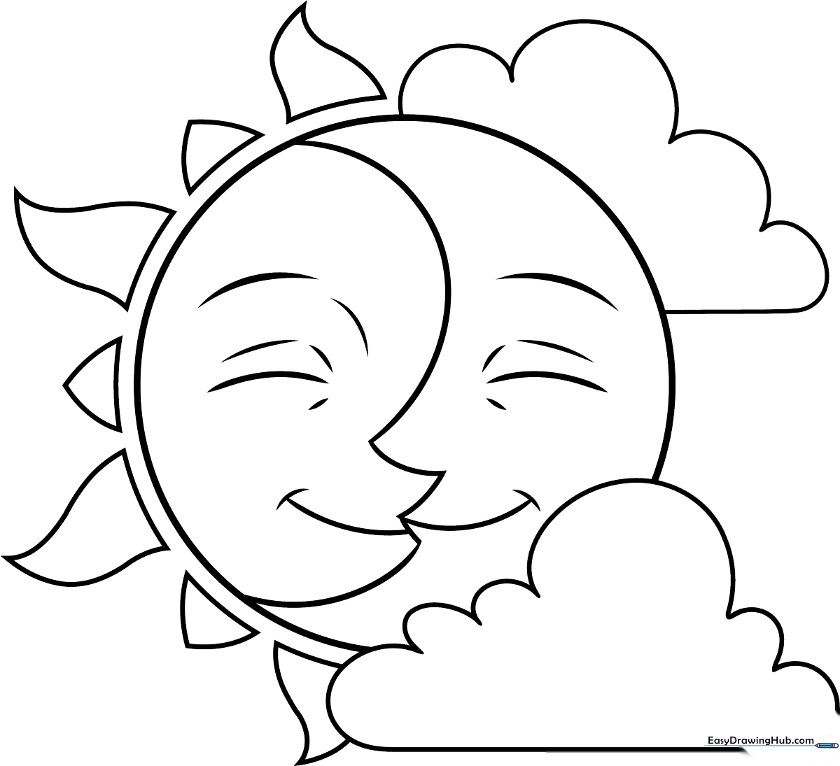 A friendly cartoon sun with rays and a crescent moon with a sleeping expression, outlined in bold black lines for easy coloring.