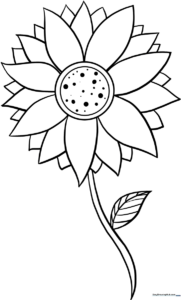 Black and white line art of a large sunflower with a textured center and broad petals, designed for children to color.
