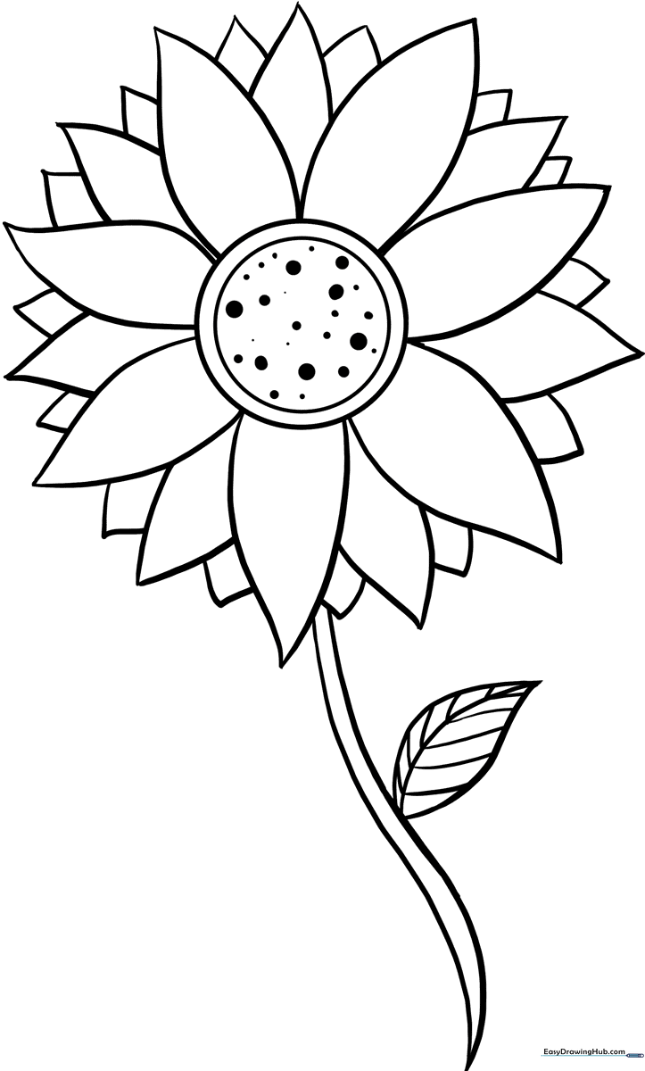Black and white line art of a large sunflower with a textured center and broad petals, designed for children to color.
