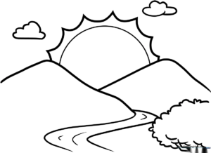 Black and white line art of a sunrise over a horizon, featuring bold outlines for easy coloring by children.