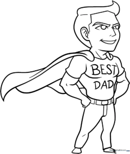 Line art illustration of a smiling superhero dad wearing a cape and a chest emblem, ready for children to color.