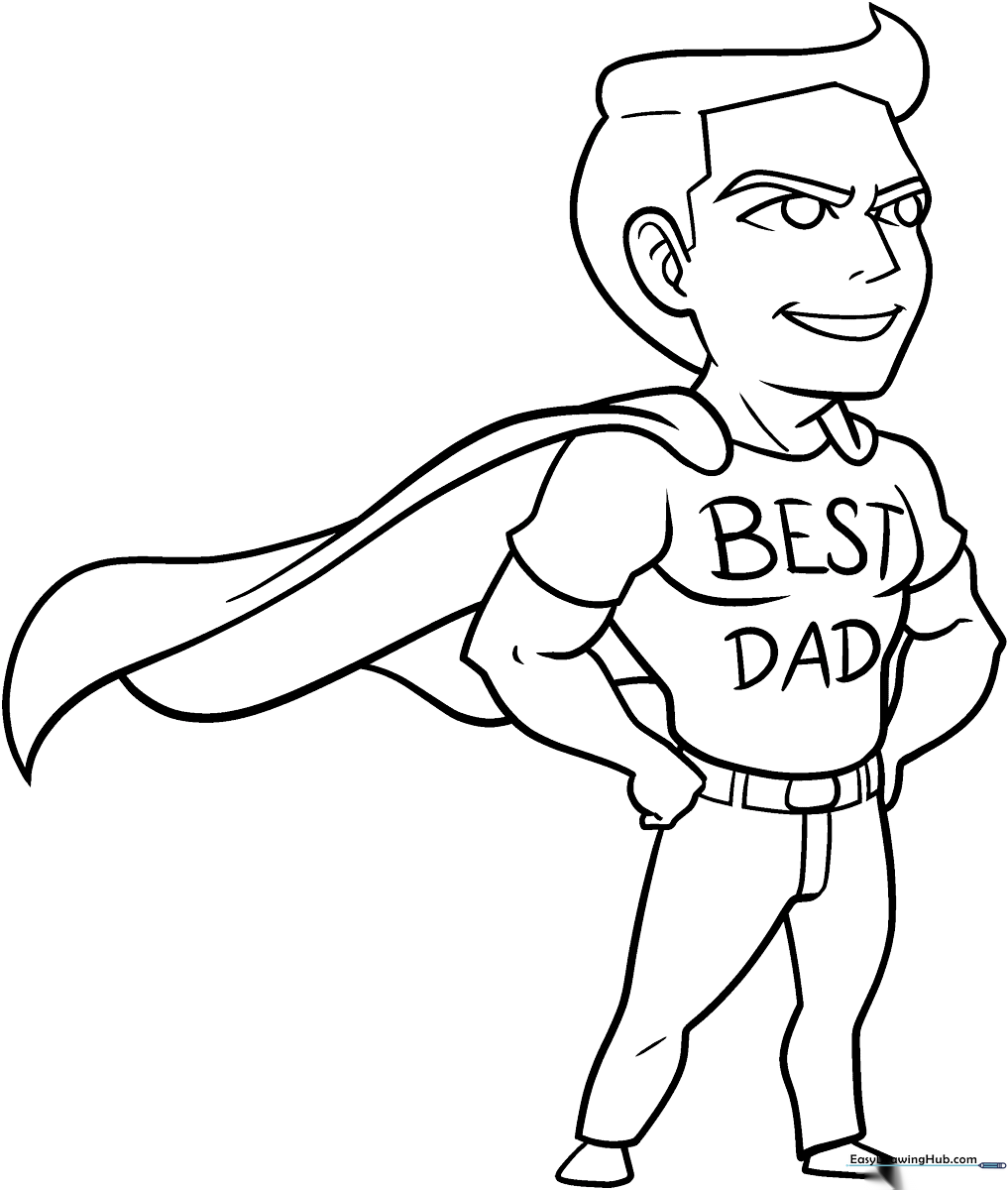 Line art illustration of a smiling superhero dad wearing a cape and a chest emblem, ready for children to color.