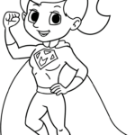 A friendly cartoon Super Mom character wearing a cape and mask, outlined in bold black lines for easy coloring by children.