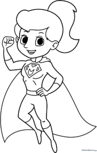 A friendly cartoon Super Mom character wearing a cape and mask, outlined in bold black lines for easy coloring by children.