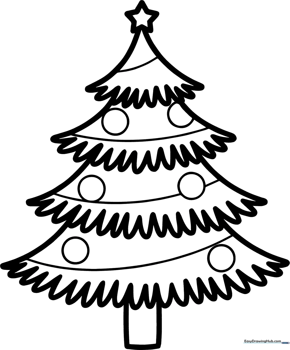 A clean, simple line-art drawing of a Christmas tree with a star on top, designed for children to color with crayons or markers.