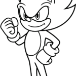 Black and white line art of Super Sonic in a dynamic pose, featuring his signature spiked hair and gloves, ready for children to color.
