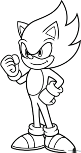 Black and white line art of Super Sonic in a dynamic pose, featuring his signature spiked hair and gloves, ready for children to color.