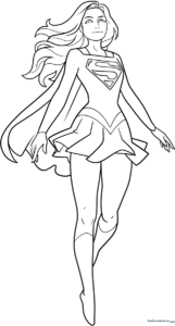 Black and white line art of Supergirl in her classic costume, featuring clear outlines for easy coloring by children.