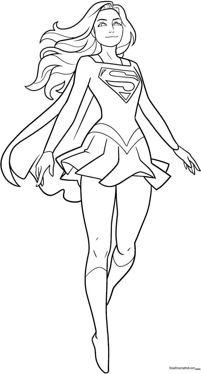 Black and white line art of Supergirl in her classic costume, featuring clear outlines for easy coloring by children.