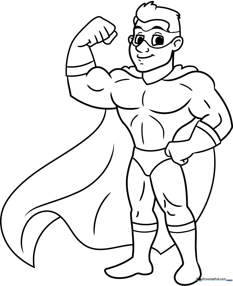 Line art of a heroic character in a cape, designed for children to color with markers or crayons.