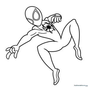 Black and white line art of Miles Morales in a dynamic Spider-Man pose, perfect for practicing bold color contrast.