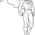Black and white line art of Superman in a heroic pose, featuring clear outlines for easy coloring by children.