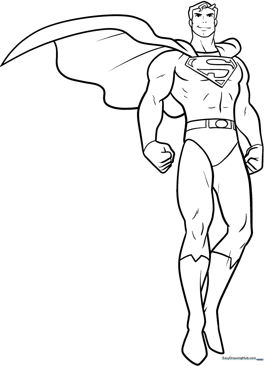 Black and white line art of Superman in a heroic pose, featuring clear outlines for easy coloring by children.