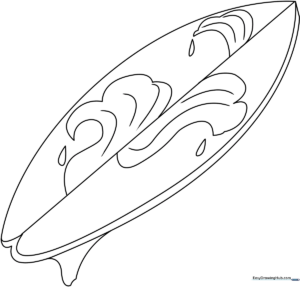 Clean line art of a classic surfboard with bold outlines, perfect for children to color with markers or crayons.