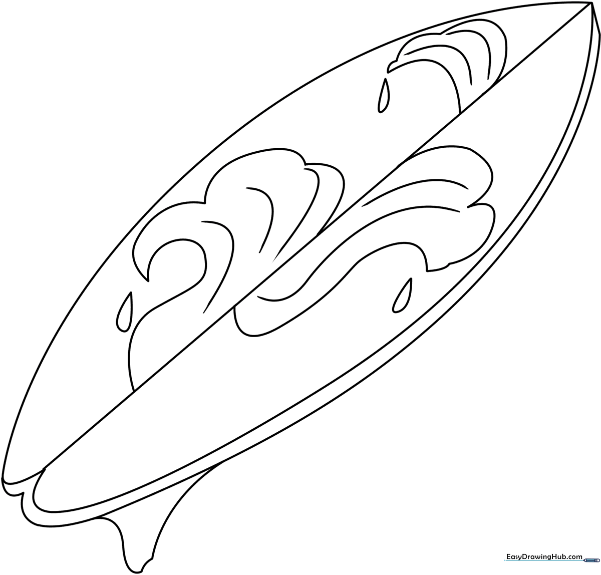 Clean line art of a classic surfboard with bold outlines, perfect for children to color with markers or crayons.