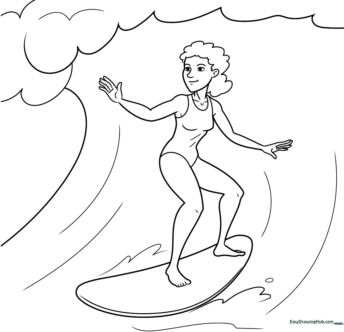 Black and white line art of a female surfer standing on a surfboard, ready for coloring with clear outlines for young artists.