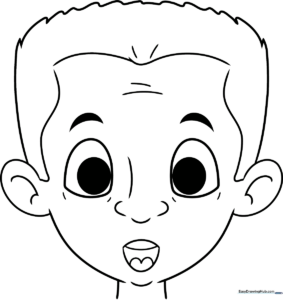 Black and white line art of a cartoon character with a surprised expression, featuring wide circular eyes and an open mouth, ready for coloring.