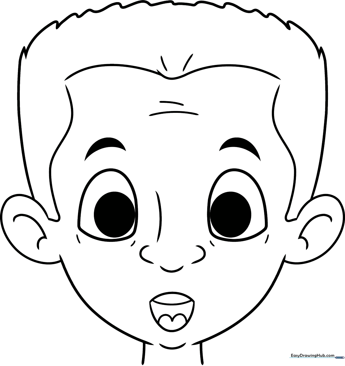 Black and white line art of a cartoon character with a surprised expression, featuring wide circular eyes and an open mouth, ready for coloring.