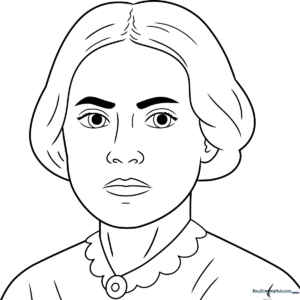 Line art illustration of Susan B. Anthony for coloring, featuring clear outlines of her period-accurate hairstyle and shawl for easy coloring.