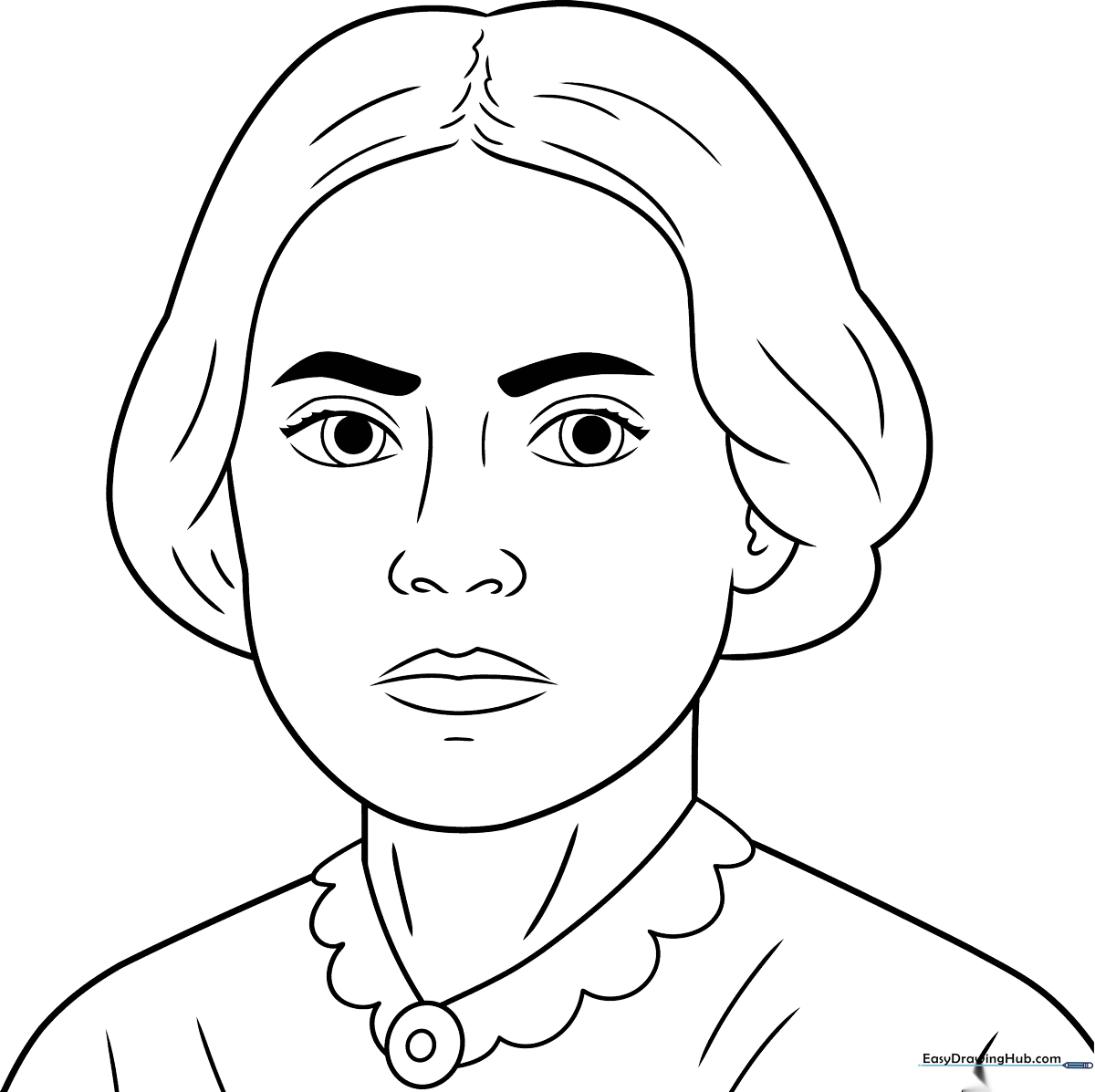 Line art illustration of Susan B. Anthony for coloring, featuring clear outlines of her period-accurate hairstyle and shawl for easy coloring.