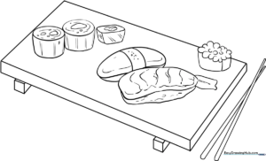 Black and white line art of a piece of nigiri sushi with a slice of fish on top of a rice mound, ready for children to color.