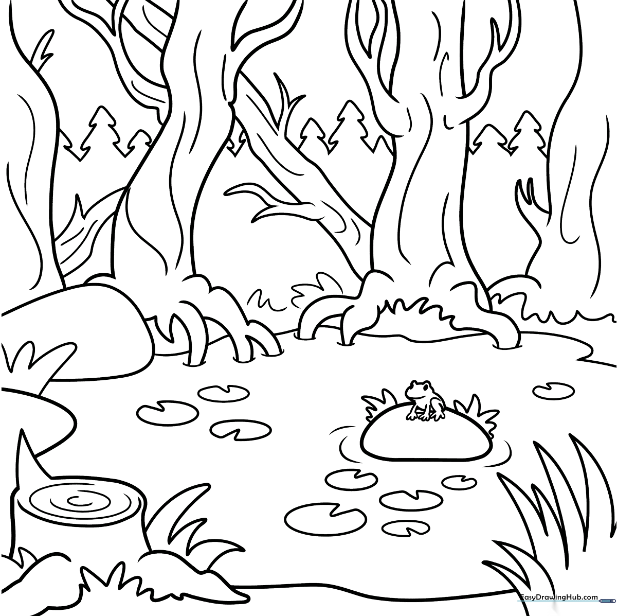 Black and white line art of a swamp landscape featuring cattails, lily pads, and murky water, designed for children to color.