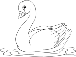 A clean, black-and-white line art illustration of a graceful swan with a long, curved neck, designed for children to color.