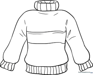 Black and white line art of a cozy winter sweater with a ribbed collar and cuffs, ready for children to color.
