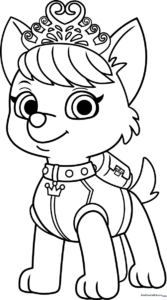 Black and white line art of Sweetie from PAW Patrol, featuring her signature floppy ears and collar, ready for children to color.