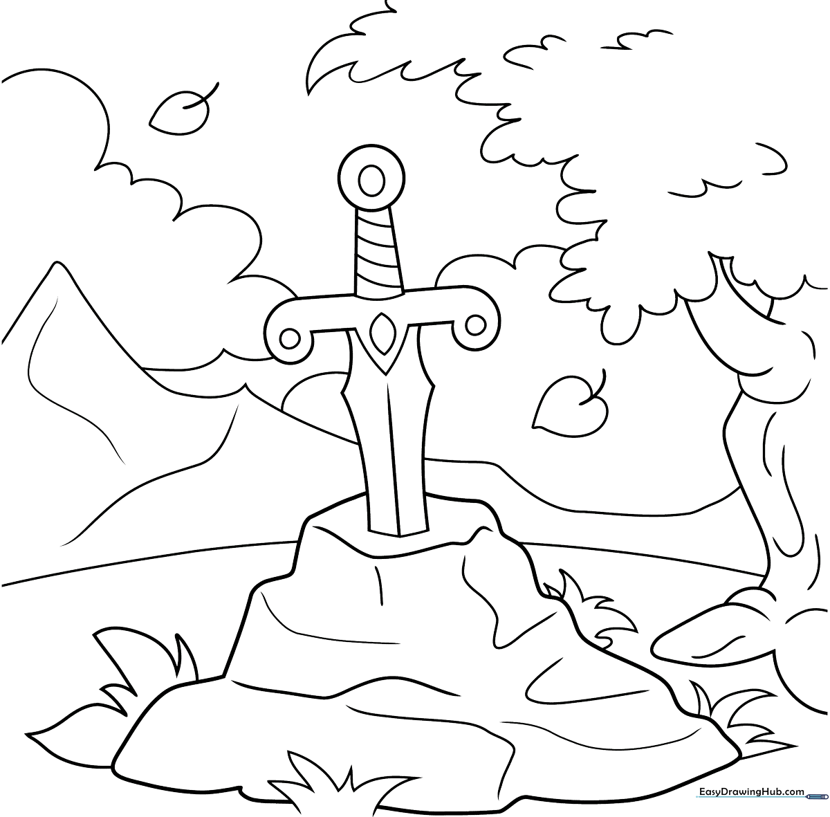 Black and white line art of a medieval sword embedded in a jagged stone, featuring clear outlines for easy coloring practice.