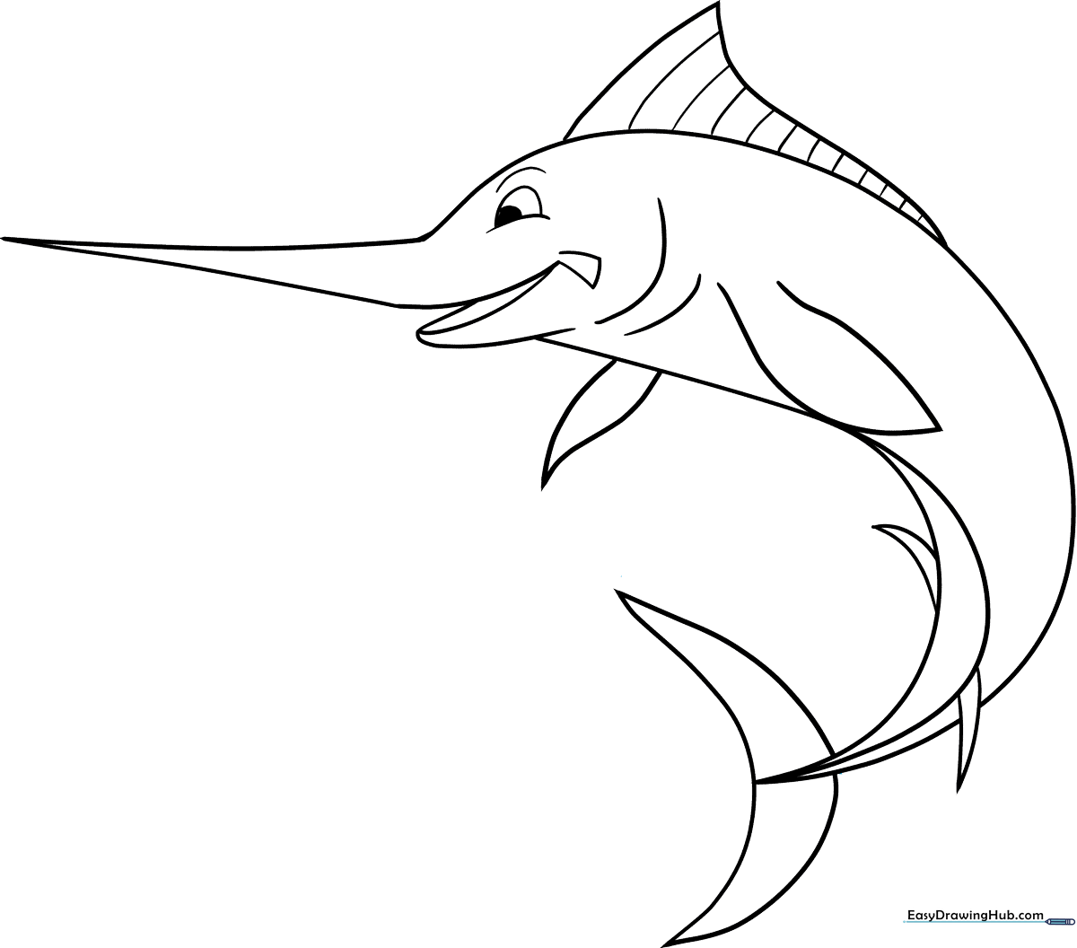 Black and white line art of a cartoon swordfish with a long bill and large dorsal fin, designed for children to color.