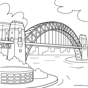 Black and white line art of the Sydney Harbor Bridge featuring the distinct steel arch structure, perfect for children to color with markers or crayons.