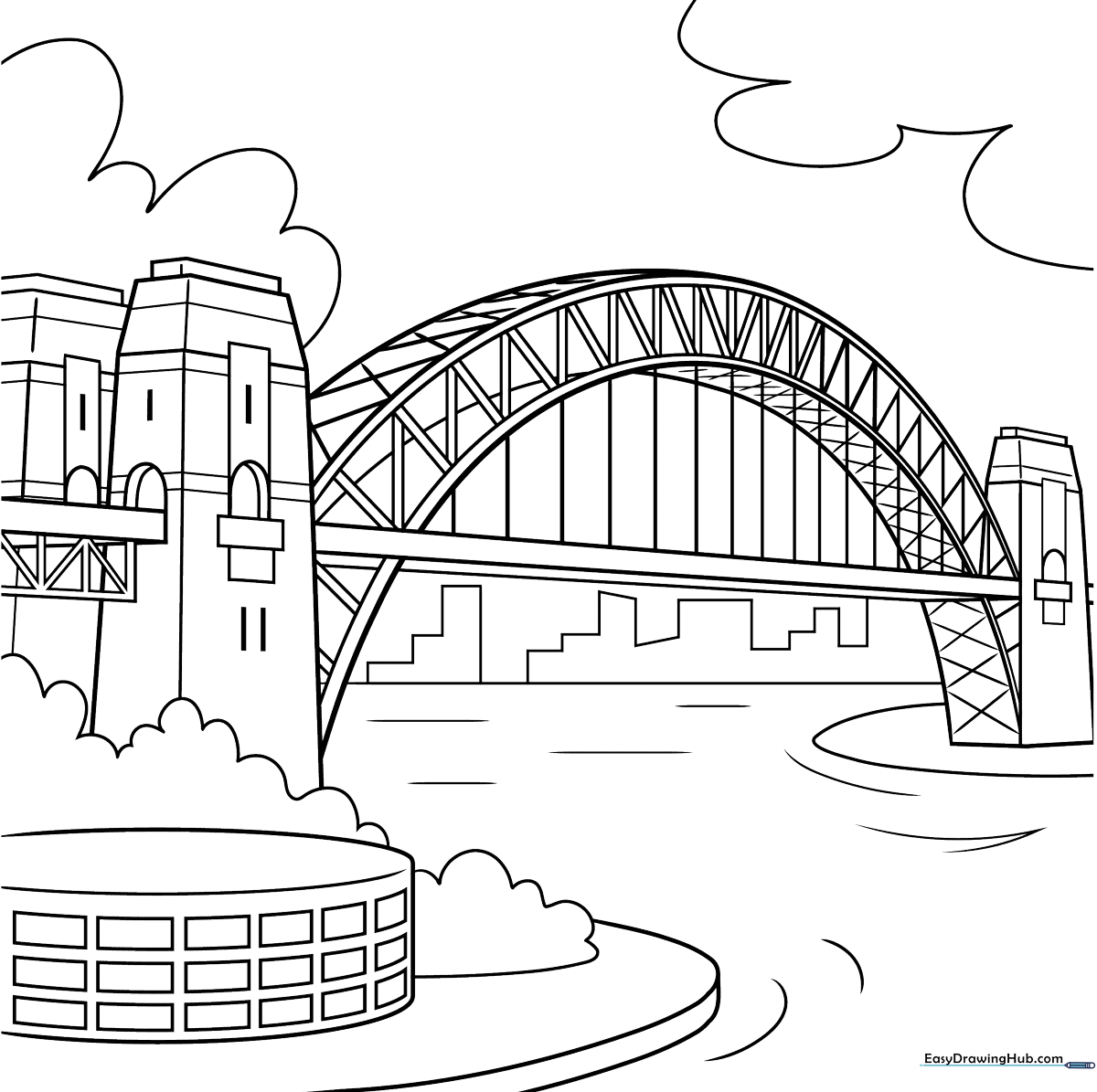 Black and white line art of the Sydney Harbor Bridge featuring the distinct steel arch structure, perfect for children to color with markers or crayons.