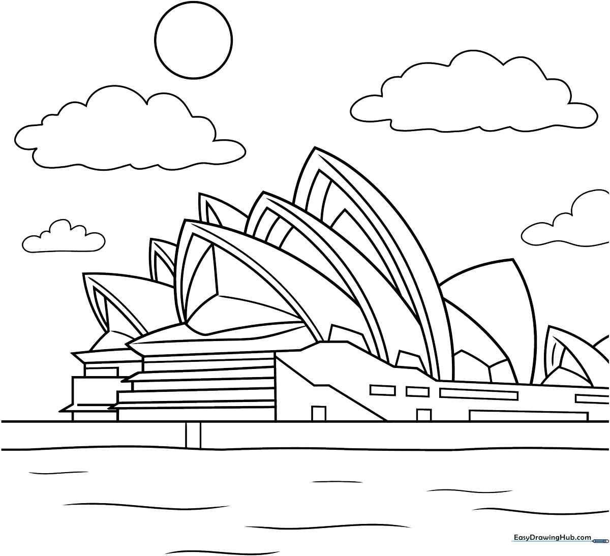 Black and white line art of the Sydney Opera House featuring its iconic curved roof sails, ready for children to color.