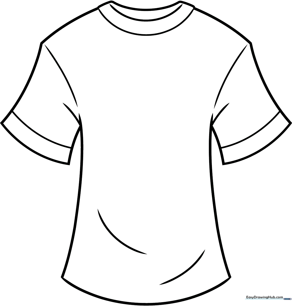 A clean, black-and-white line art illustration of a short-sleeved T-shirt, designed for children to color and customize.