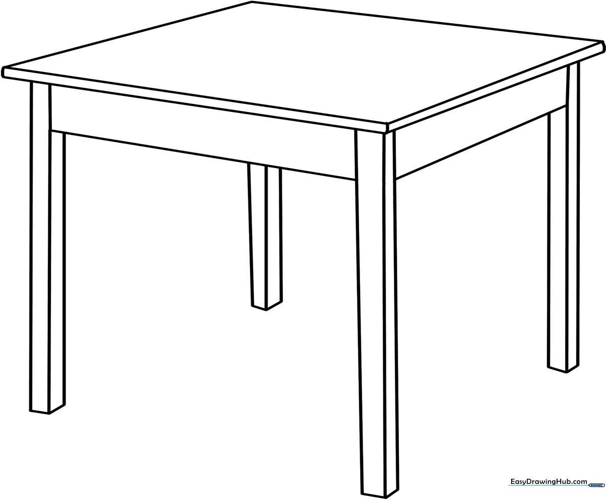 A clean, black-and-white line drawing of a four-legged wooden table, designed for children to color and practice staying within the lines.