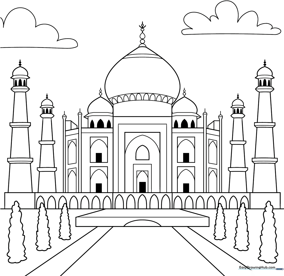 Black and white line art of the Taj Mahal featuring a large central dome, four minarets, and arched entryways, ready for coloring.