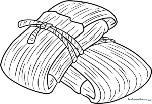 Black and white line art of two wrapped tamales with tied corn husks, designed for children to color.