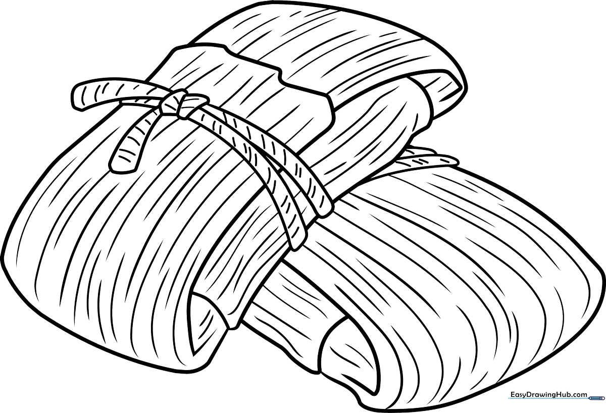 Black and white line art of two wrapped tamales with tied corn husks, designed for children to color.