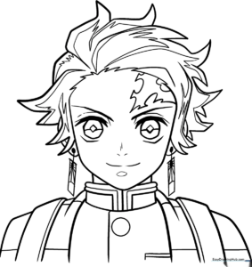 Black and white line art of Tanjiro Kamado from Demon Slayer, featuring his signature checkered haori and hanafuda earrings, ready for coloring.