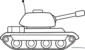 Black and white line art of a cartoon tank with a long cannon and large treads, ready for children to color.