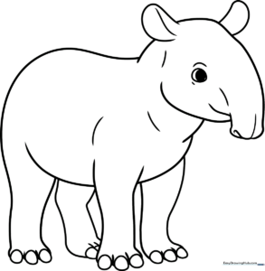 Black and white line art of a friendly tapir standing in profile, featuring a distinct snout and rounded body, ready for children to color.
