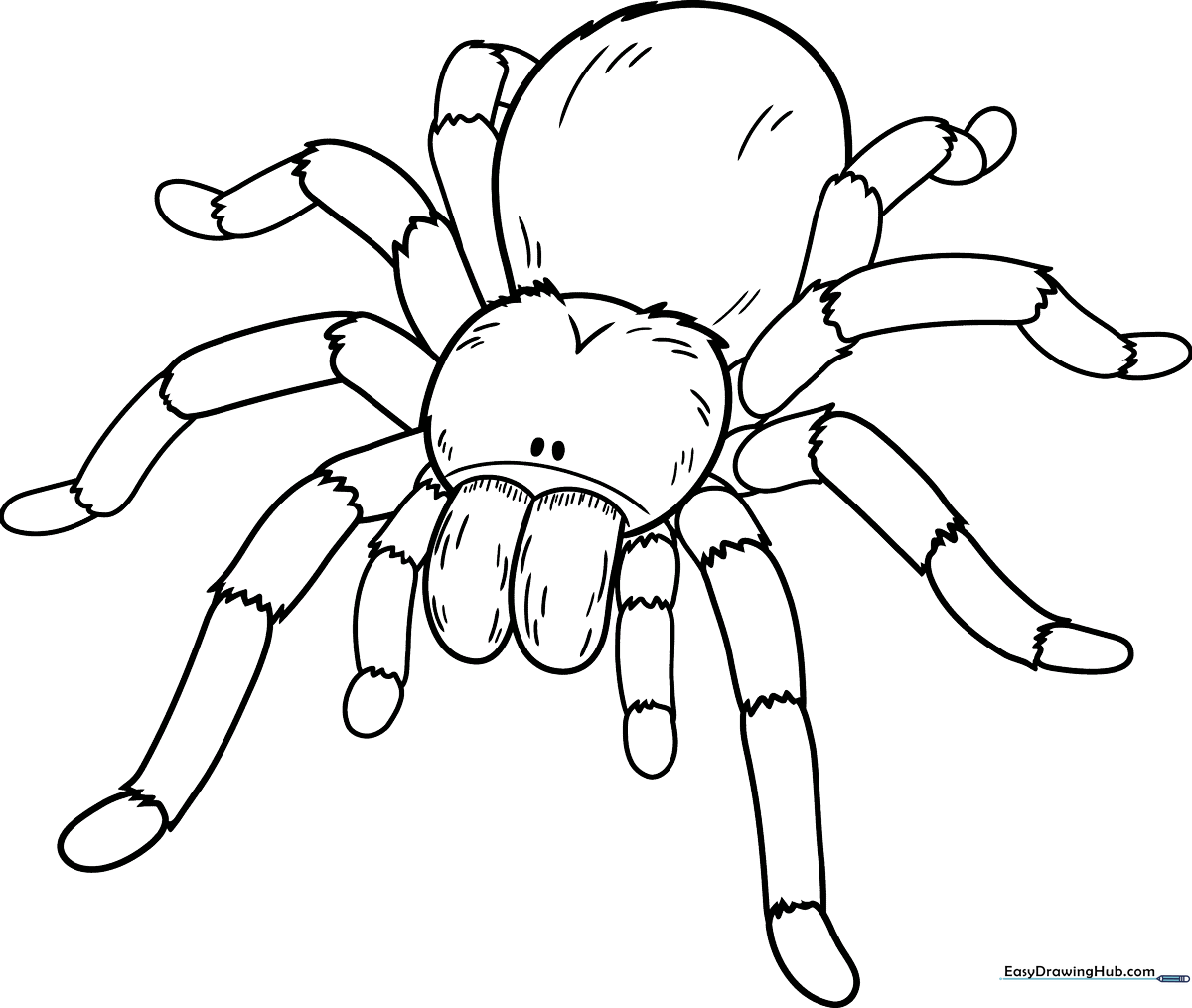 A friendly cartoon tarantula with large eyes and eight legs, outlined in thick black lines for easy coloring by children.